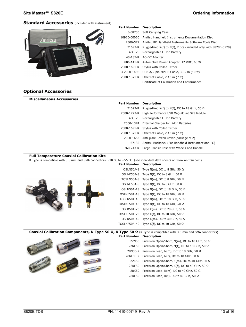 Standard accessories optional accessories, Site master™ s820e ordering information, Standard accessories | Optional accessories | Atec Anritsu-S820E User Manual | Page 13 / 16