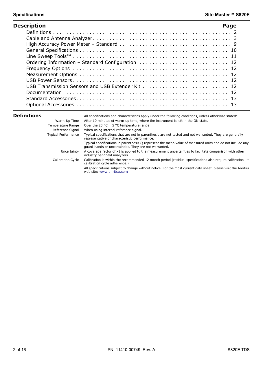 Description page, Specifications site master™ s820e | Atec Anritsu-S820E User Manual | Page 2 / 16