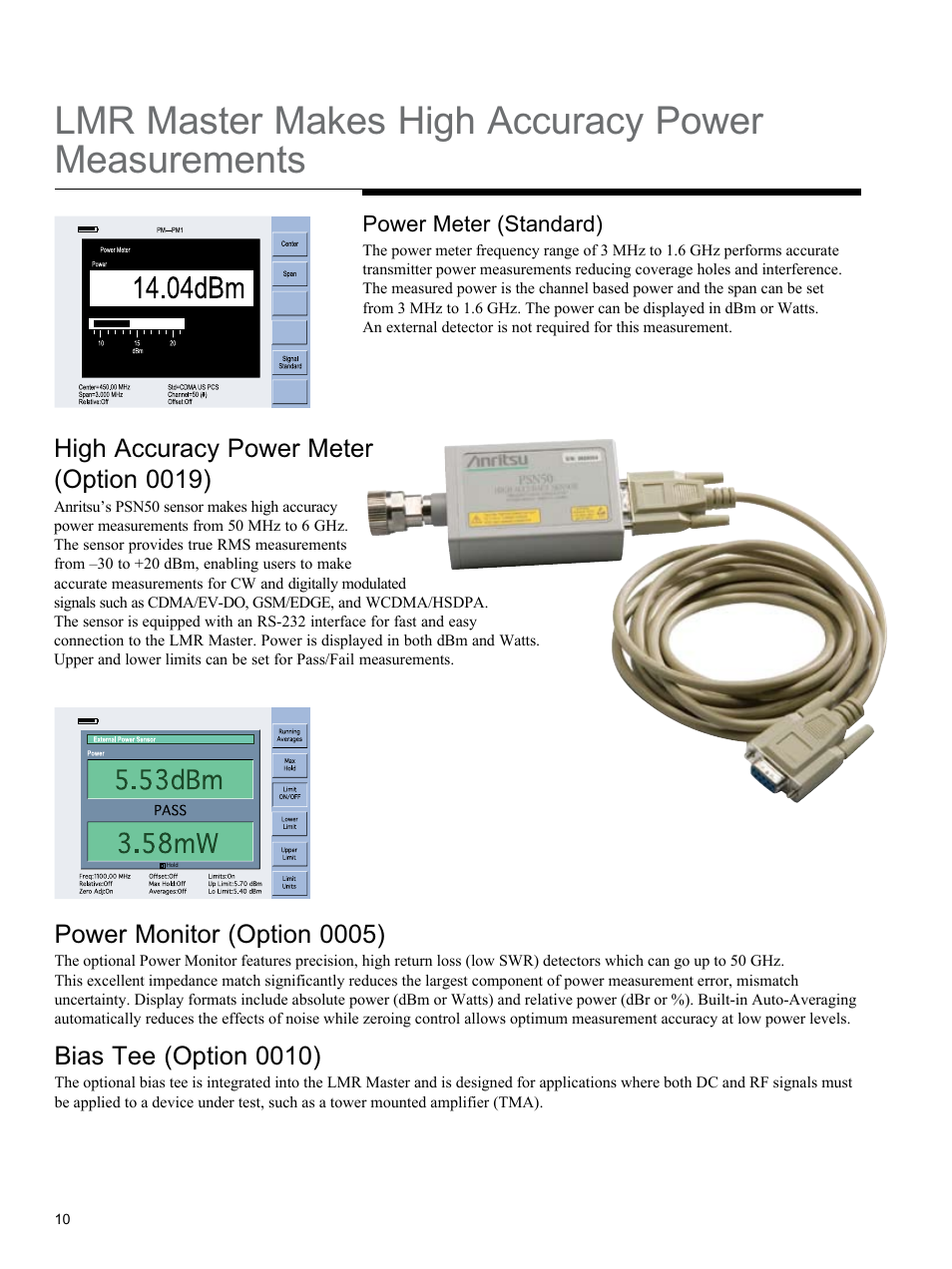 Lmr master makes high accuracy power measurements, High accuracy power meter (option 0019), Power monitor (option 0005) | Bias tee (option 0010), Power meter (standard) | Atec Anritsu-S412D User Manual | Page 10 / 16