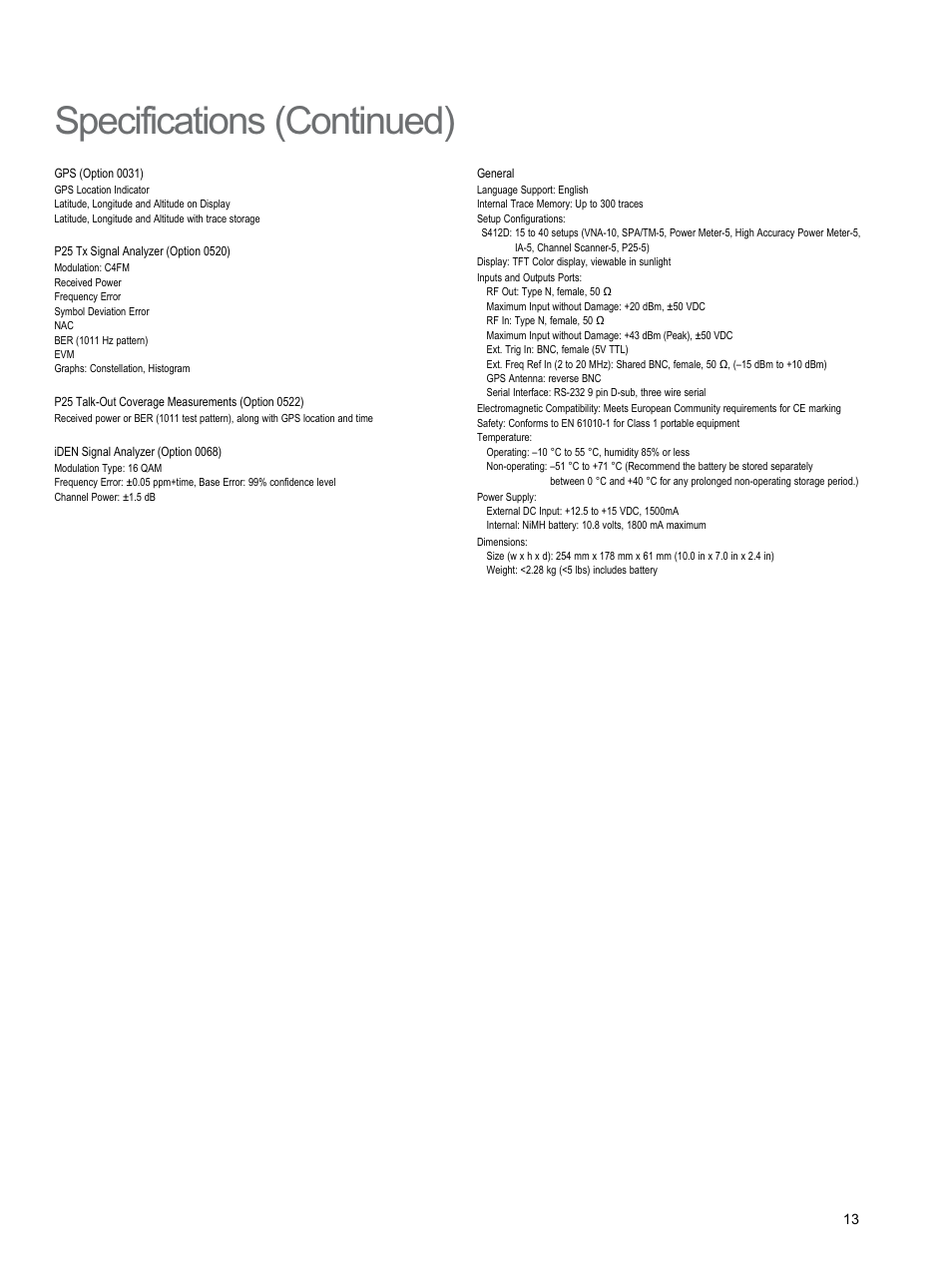 Specifications (continued) | Atec Anritsu-S412D User Manual | Page 13 / 16