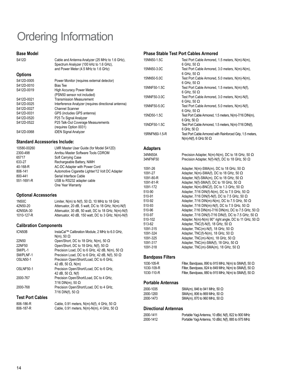 Ordering information, Base model, Options | Standard accessories include, Optional accessories, Calibration components, Test port cables, Phase stable test port cables armored, Adapters, Bandpass filters | Atec Anritsu-S412D User Manual | Page 14 / 16