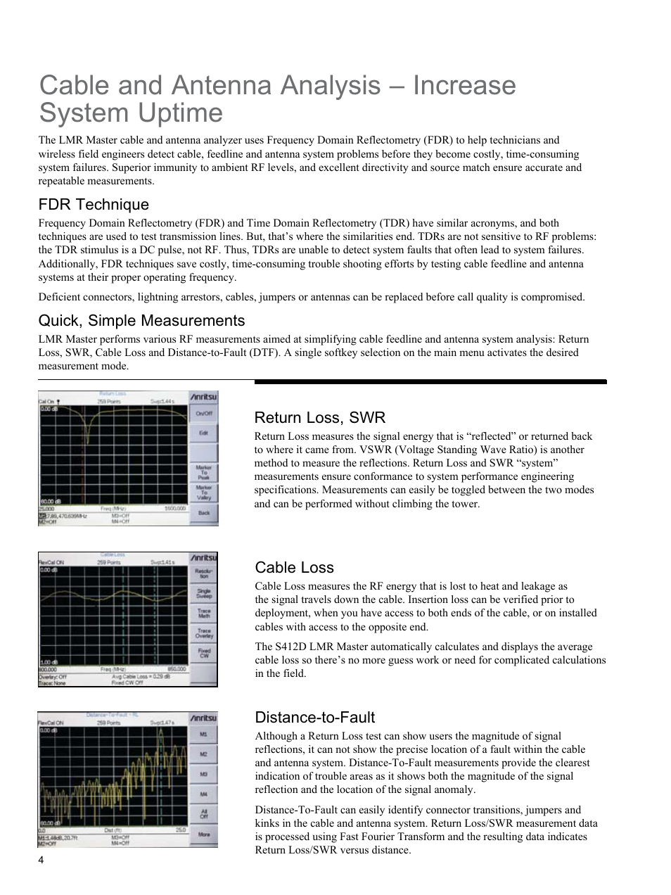 Fdr technique, Quick, simple measurements, Distance-to-fault | Cable loss, Return loss, swr | Atec Anritsu-S412D User Manual | Page 4 / 16