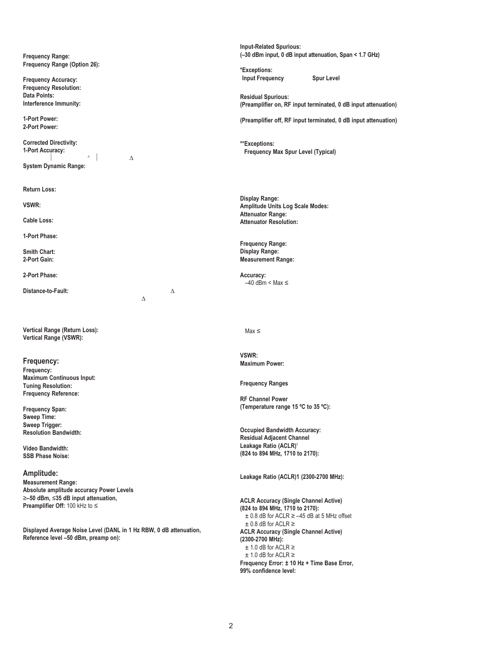Specifications, Cable and antenna analyzer, Spectrum analyzer | Power meters, W-cdma/hsdpa rf measurements (option 44), Frequency, Amplitude | Atec Anritsu-MT8222A User Manual | Page 2 / 8