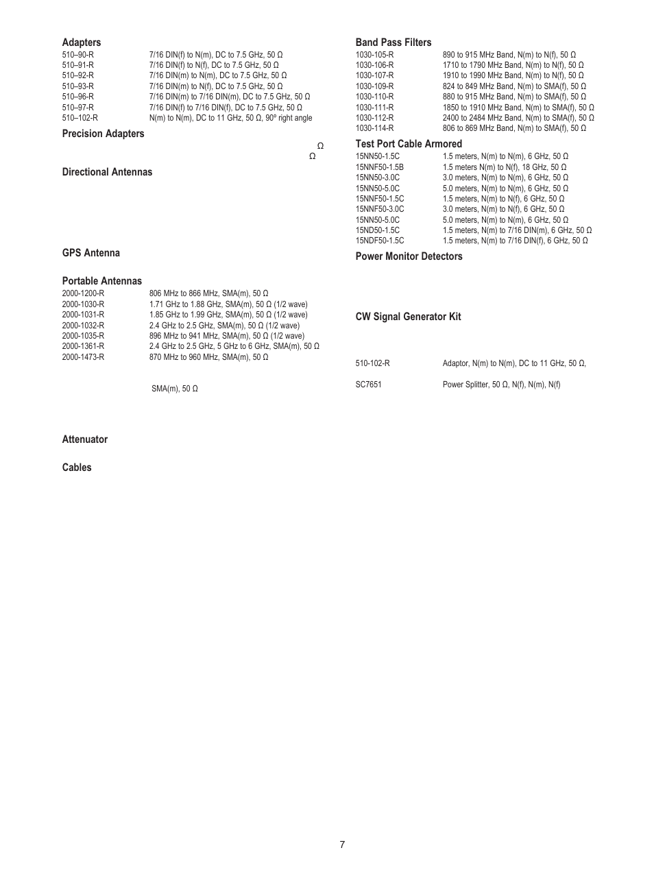 Adapters, Precision adapters, Directional antennas | Gps antenna, Portable antennas, Attenuator, Cables, Band pass filters, Test port cable armored, Power monitor detectors | Atec Anritsu-MT8222A User Manual | Page 7 / 8