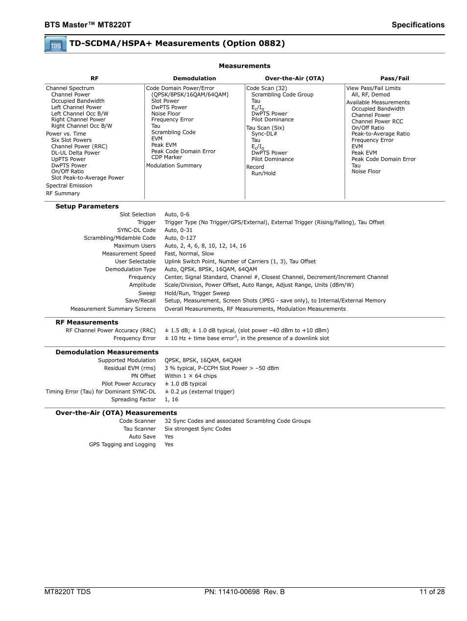 Bts master™ mt8220t specifications, Td-scdma/hspa+ measurements (option 0882) | Atec Anritsu-MT8220T User Manual | Page 11 / 28