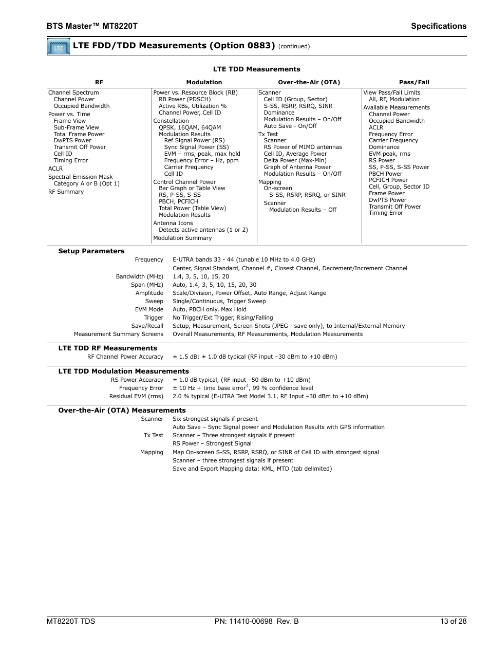 Bts master™ mt8220t specifications, Lte fdd/tdd measurements (option 0883) | Atec Anritsu-MT8220T User Manual | Page 13 / 28