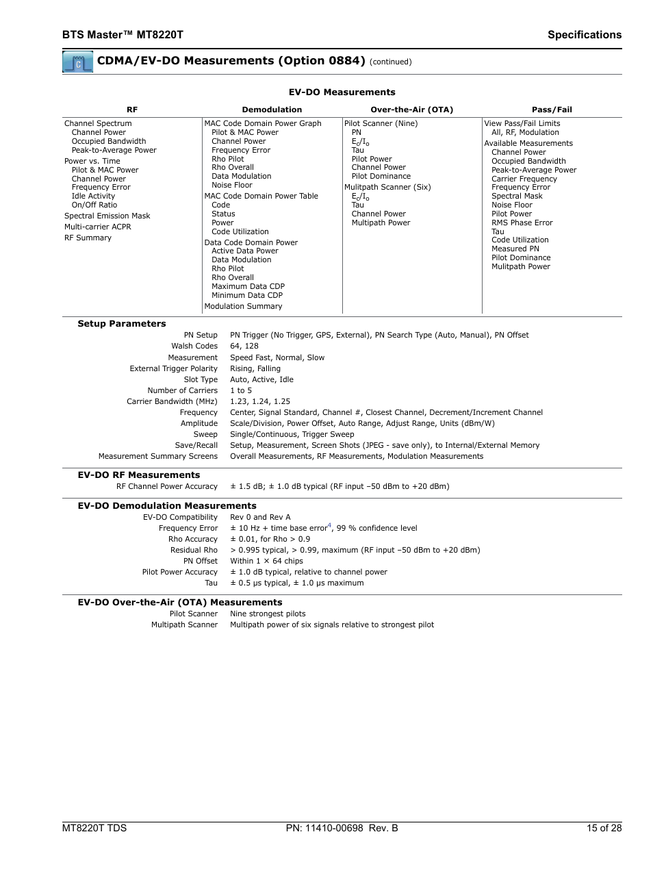 Bts master™ mt8220t specifications, Cdma/ev-do measurements (option 0884) | Atec Anritsu-MT8220T User Manual | Page 15 / 28