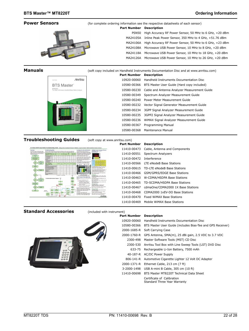 Bts master™ mt8220t ordering information, Power sensors, Manuals | Troubleshooting guides, Standard accessories, Bts master | Atec Anritsu-MT8220T User Manual | Page 22 / 28