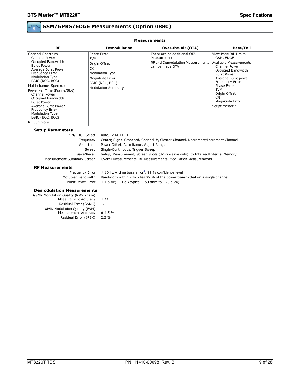 Bts master™ mt8220t specifications, Gsm/gprs/edge measurements (option 0880) | Atec Anritsu-MT8220T User Manual | Page 9 / 28
