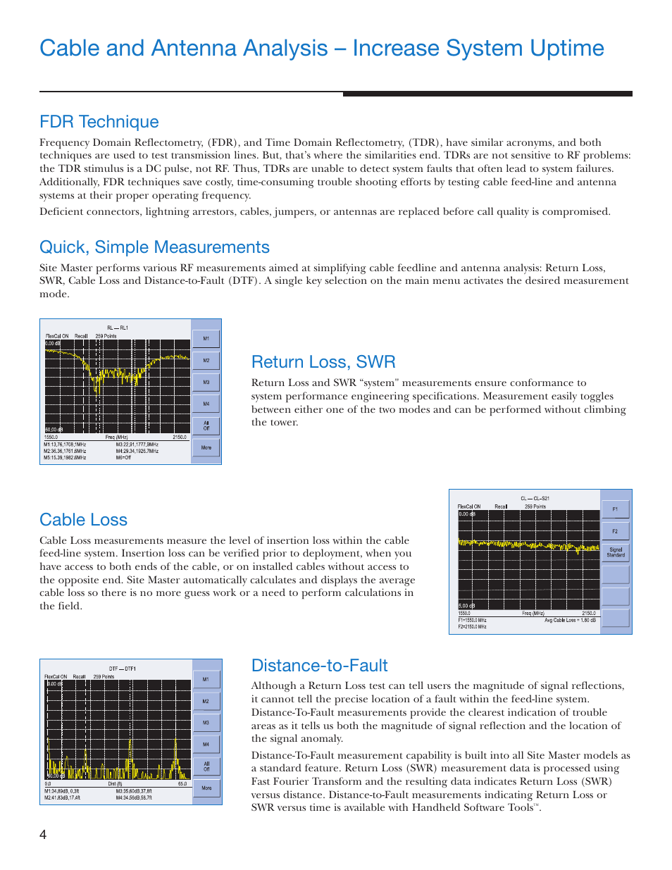 Fdr technique, Quick, simple measurements, Return loss, swr | Cable loss, Distance-to-fault | Atec Anritsu-S332D-31D User Manual | Page 4 / 12