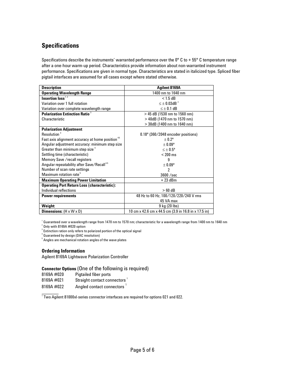 Specifications, Page 5 of 6, One of the following is required) | Ordering information | Atec Agilent-8169A User Manual | Page 5 / 6