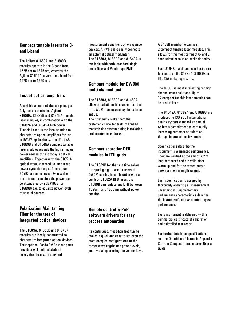 Compact tunable lasers for c- and l-band, Test of optical amplifiers, Compact module for dwdm multi-channel test | Compact spare for dfb modules in itu grids | Atec Agilent-81689A_B-81649A User Manual | Page 2 / 6