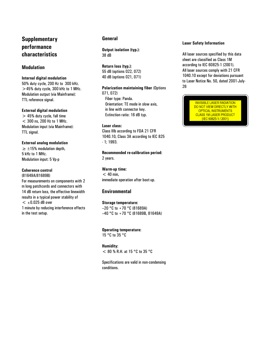Supplementary performance characteristics, Modulation, General | Atec Agilent-81689A_B-81649A User Manual | Page 4 / 6