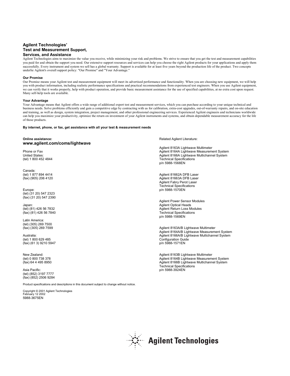 Our promise, Your advantage, Agilent technologies’ test and measurement | Atec Agilent-81689A_B-81649A User Manual | Page 6 / 6
