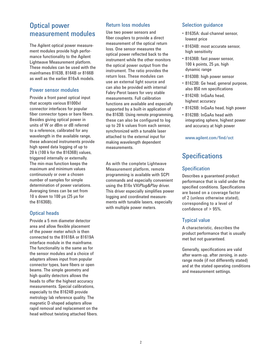 Optical power measurement modules, Specifications | Atec Agilent-81624B User Manual | Page 2 / 11