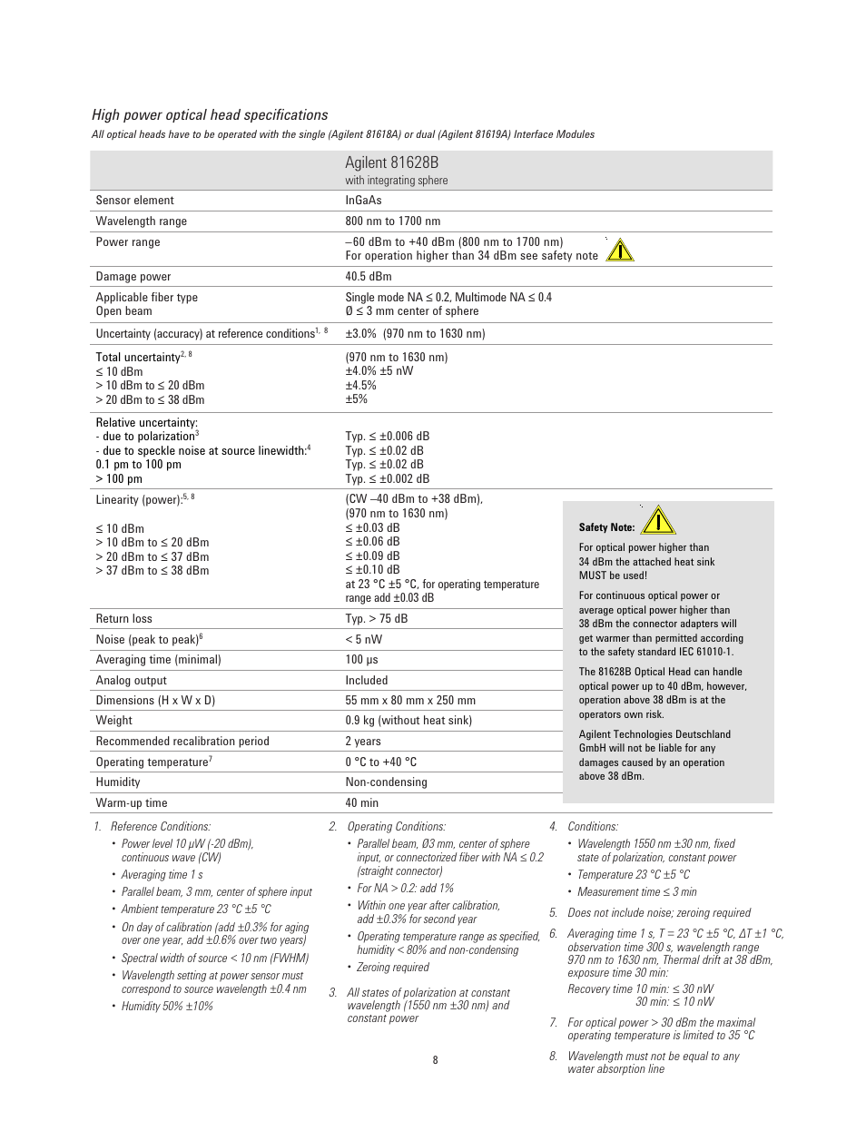 High power optical head specifications | Atec Agilent-81624B User Manual | Page 8 / 11