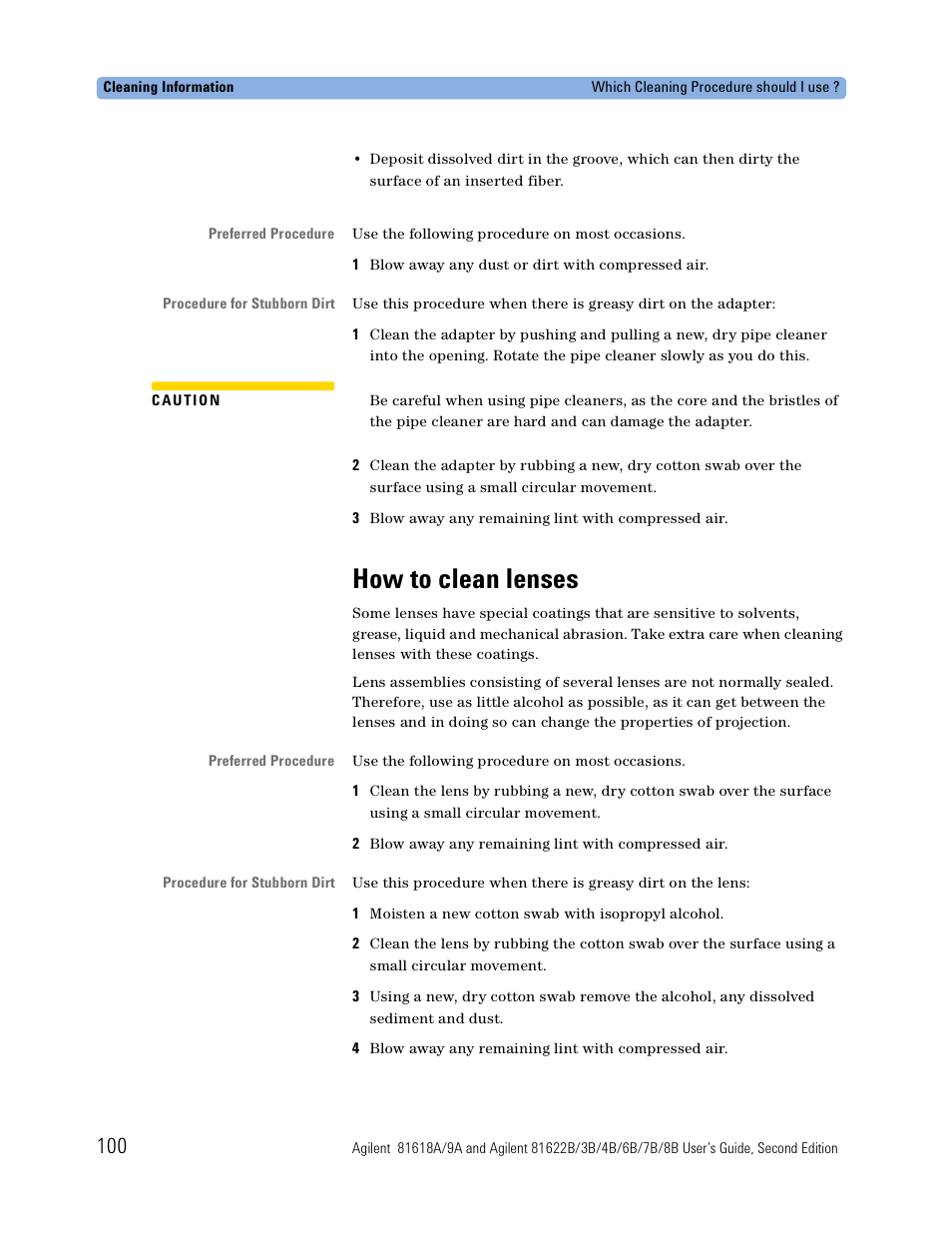 How to clean lenses | Atec Agilent-81618A User Manual | Page 100 / 112