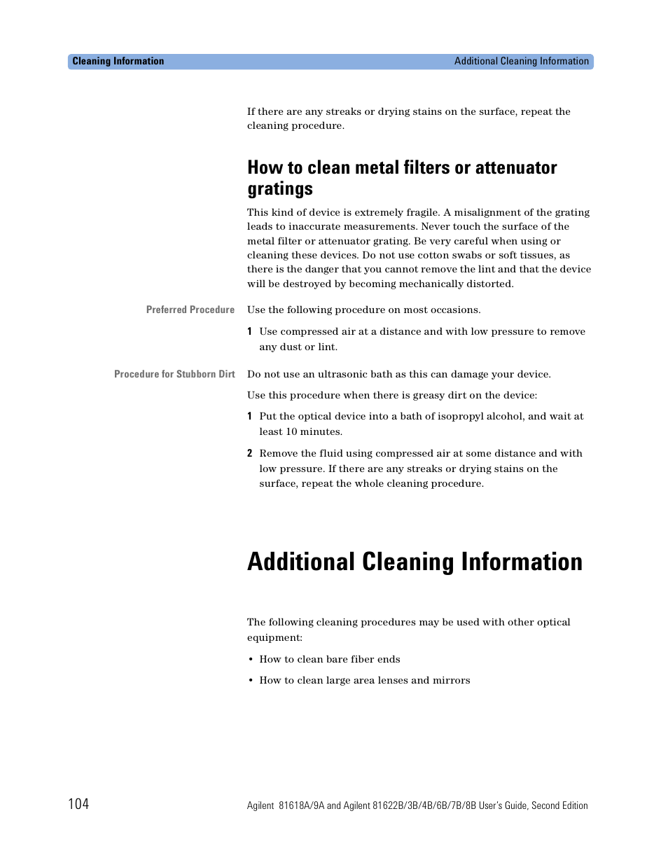 How to clean metal filters or attenuator gratings, Additional cleaning information | Atec Agilent-81618A User Manual | Page 104 / 112