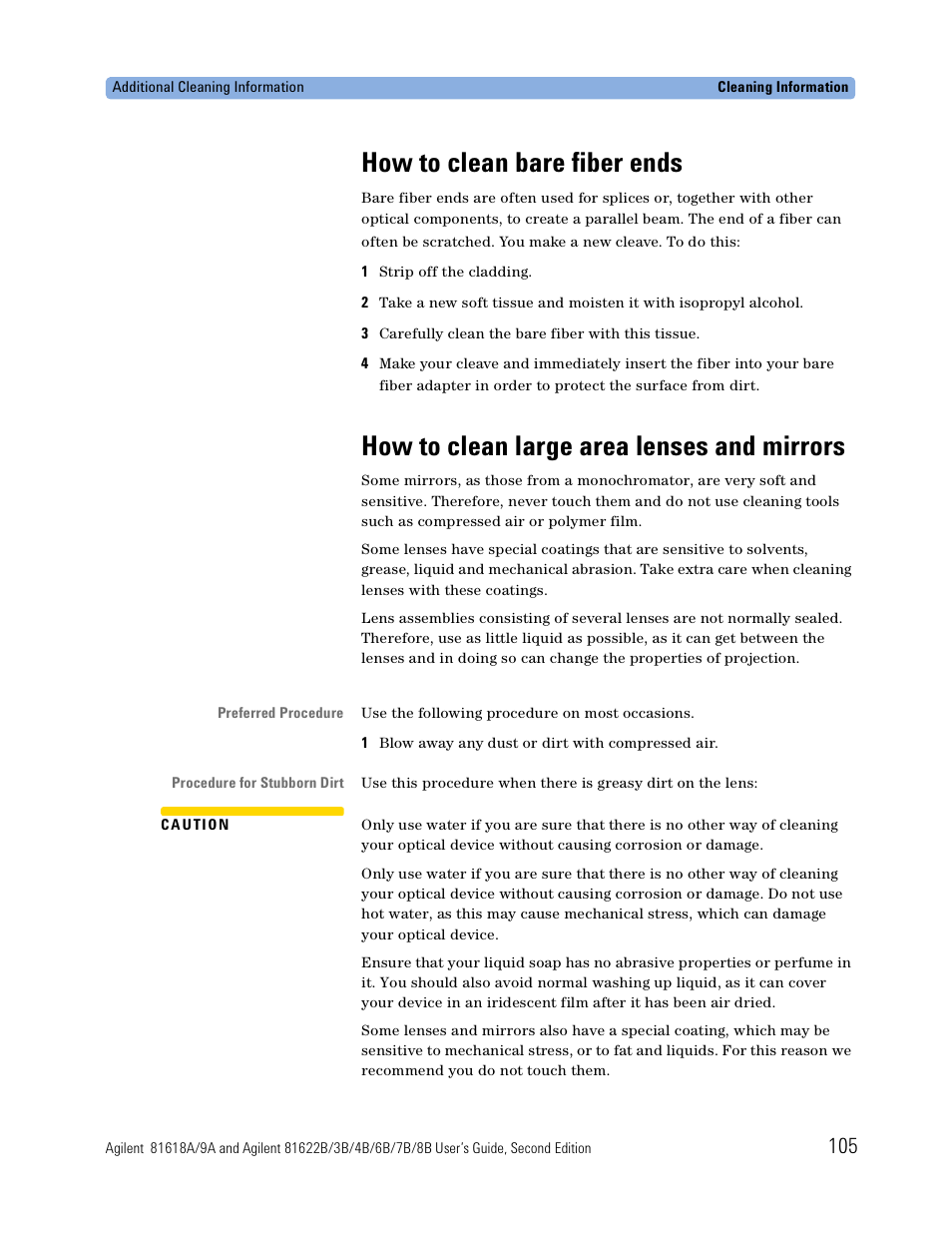 How to clean bare fiber ends, How to clean large area lenses and mirrors | Atec Agilent-81618A User Manual | Page 105 / 112