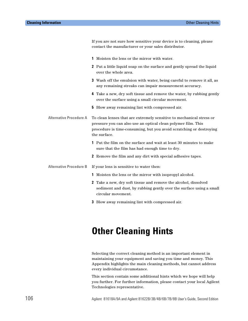 Other cleaning hints | Atec Agilent-81618A User Manual | Page 106 / 112