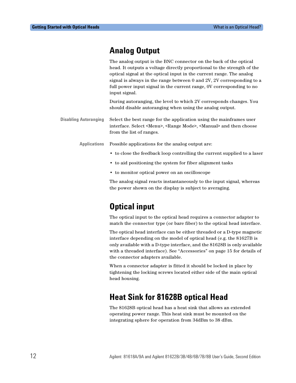 Analog output, Optical input, Heat sink for 81628b optical head | Atec Agilent-81618A User Manual | Page 12 / 112