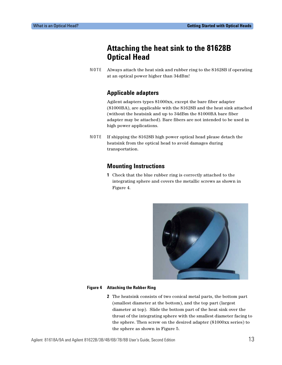 Attaching the heat sink to the 81628b optical head, Applicable adapters, Mounting instructions | Atec Agilent-81618A User Manual | Page 13 / 112