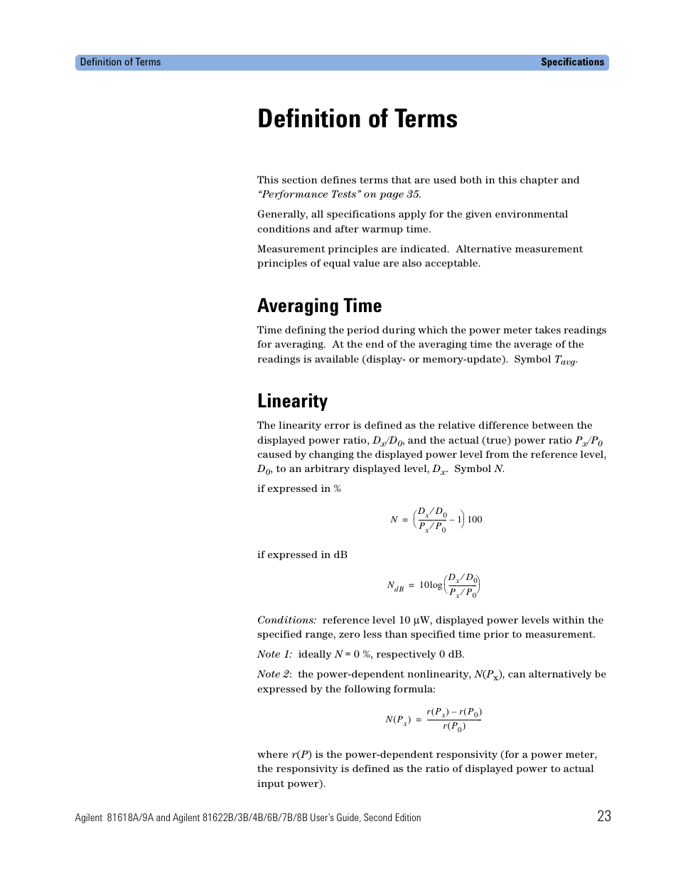 Definition of terms, Averaging time, Linearity | Atec Agilent-81618A User Manual | Page 23 / 112