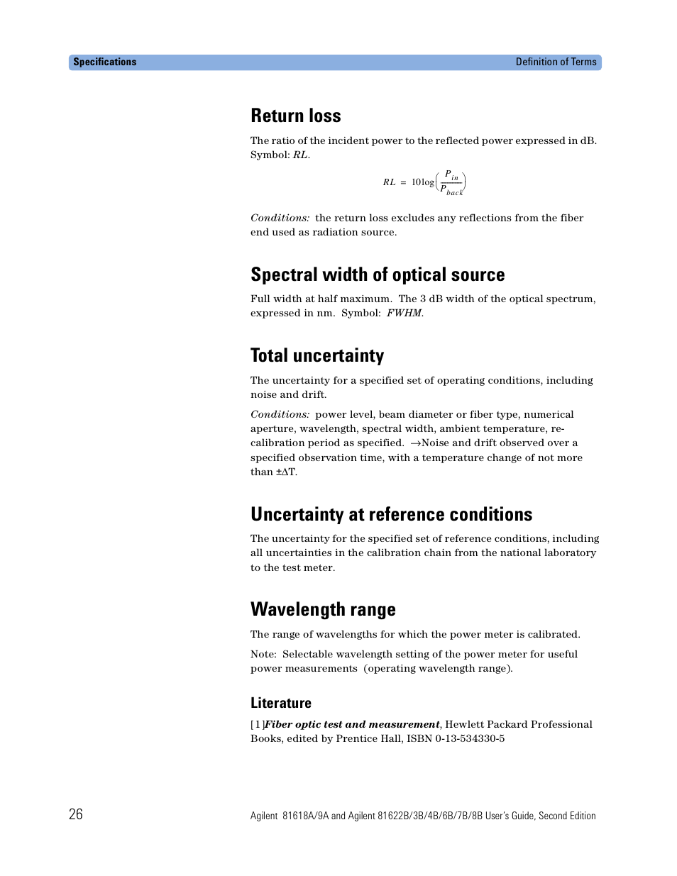 Return loss, Spectral width of optical source, Total uncertainty | Uncertainty at reference conditions, Wavelength range, Literature | Atec Agilent-81618A User Manual | Page 26 / 112