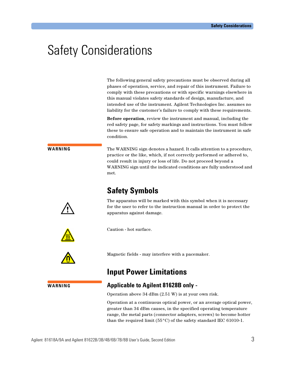Safety considerations, Safety symbols, Input power limitations | Atec Agilent-81618A User Manual | Page 3 / 112