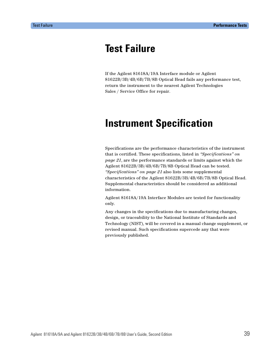 Test failure, Instrument specification | Atec Agilent-81618A User Manual | Page 39 / 112