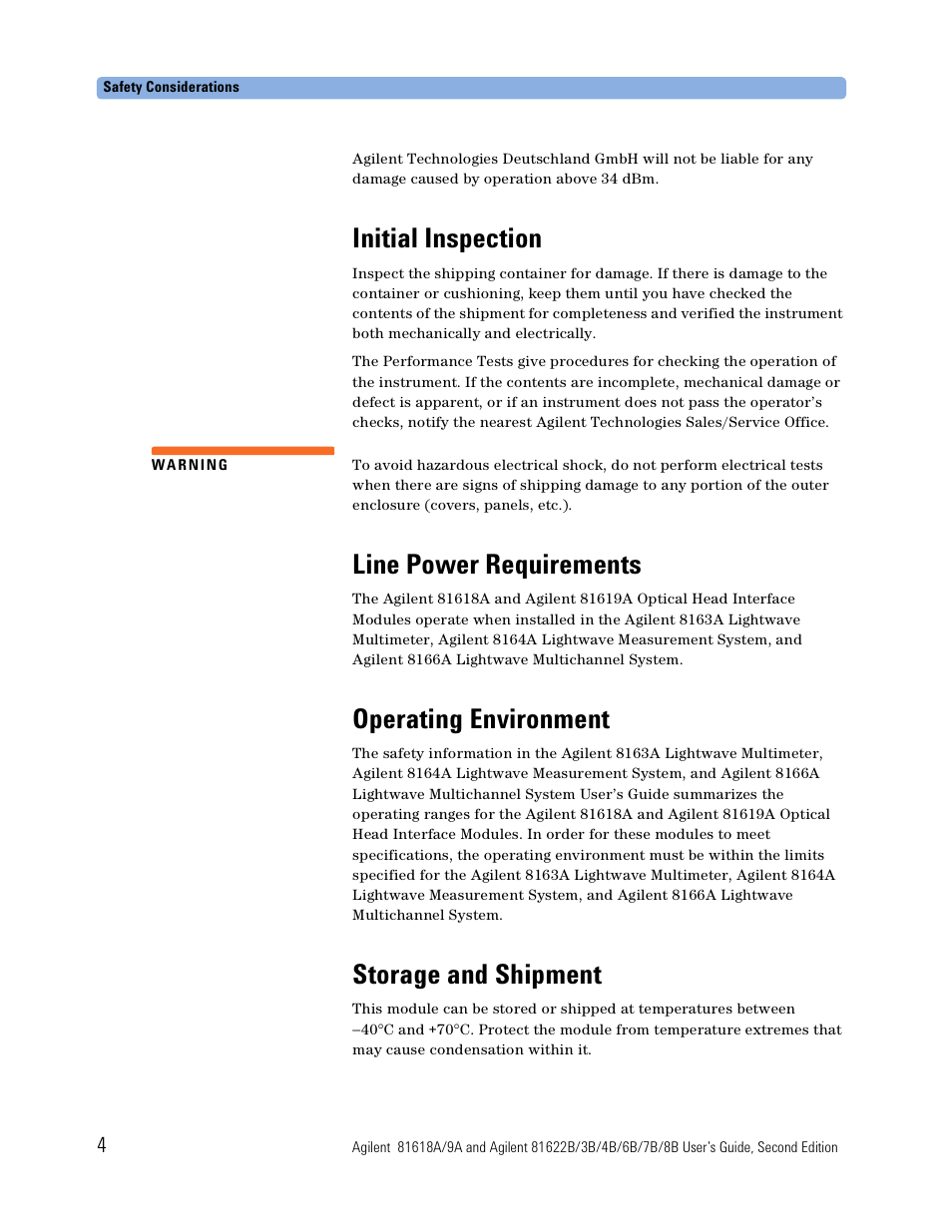 Initial inspection, Line power requirements, Operating environment | Storage and shipment | Atec Agilent-81618A User Manual | Page 4 / 112