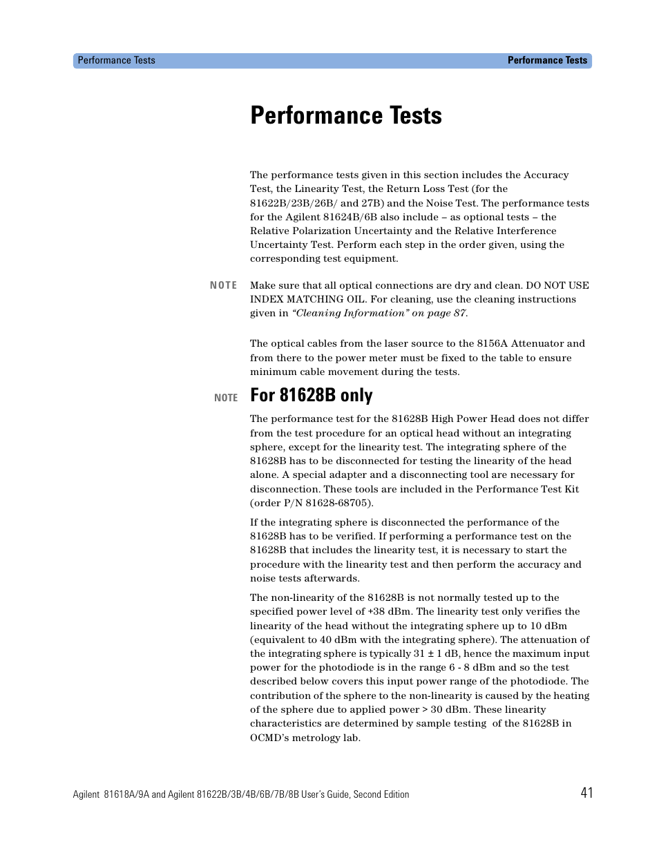 Performance tests, For 81628b only | Atec Agilent-81618A User Manual | Page 41 / 112