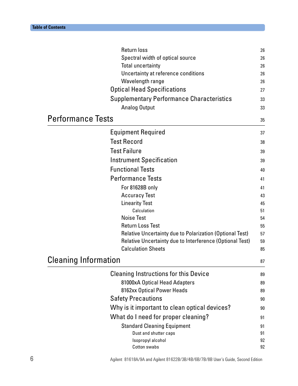 Performance tests, Cleaning information, Optical head specifications | Supplementary performance characteristics, Equipment required, Test record, Test failure, Instrument specification, Functional tests, Cleaning instructions for this device | Atec Agilent-81618A User Manual | Page 6 / 112