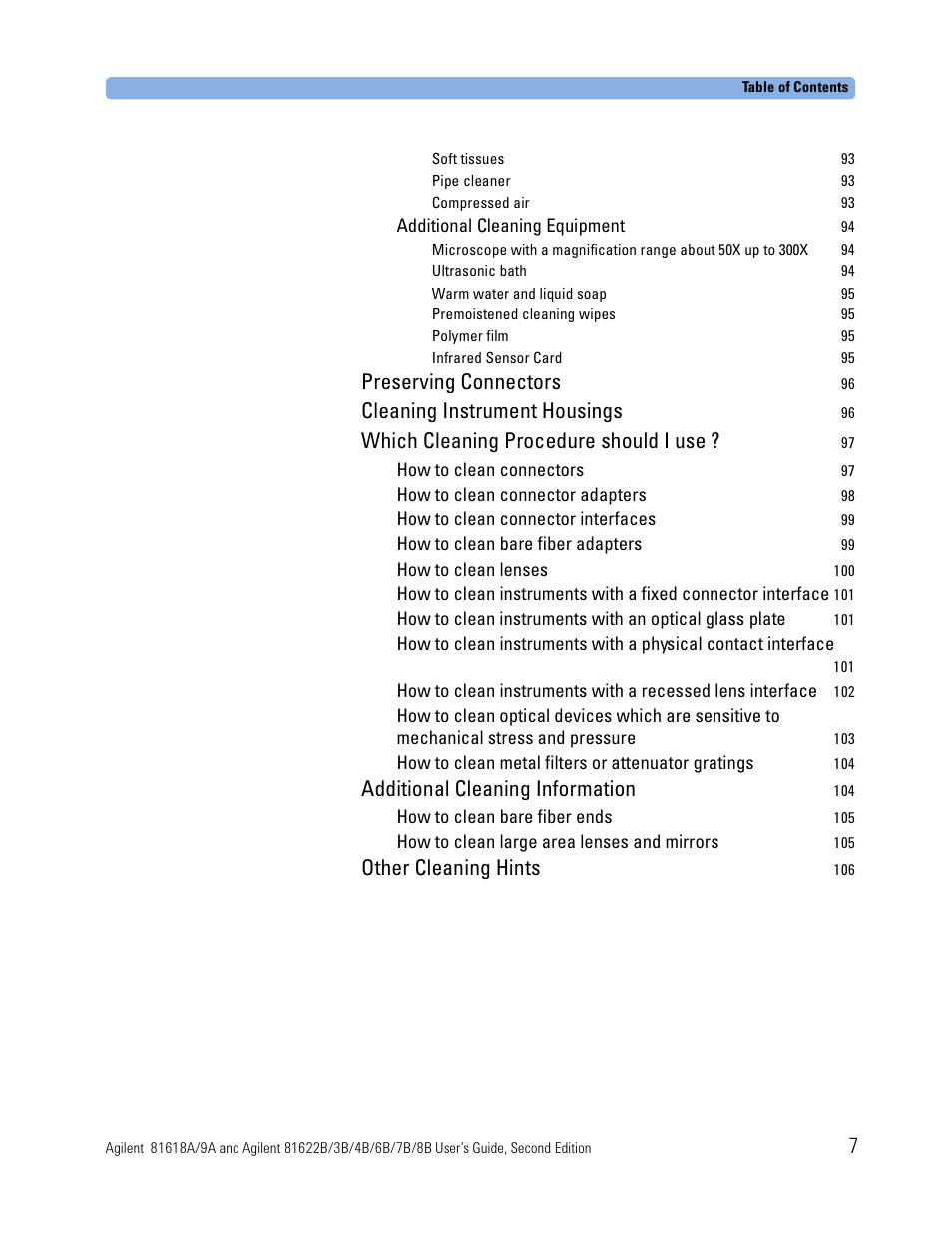 Preserving connectors, Cleaning instrument housings, Which cleaning procedure should i use | Additional cleaning information, Other cleaning hints | Atec Agilent-81618A User Manual | Page 7 / 112