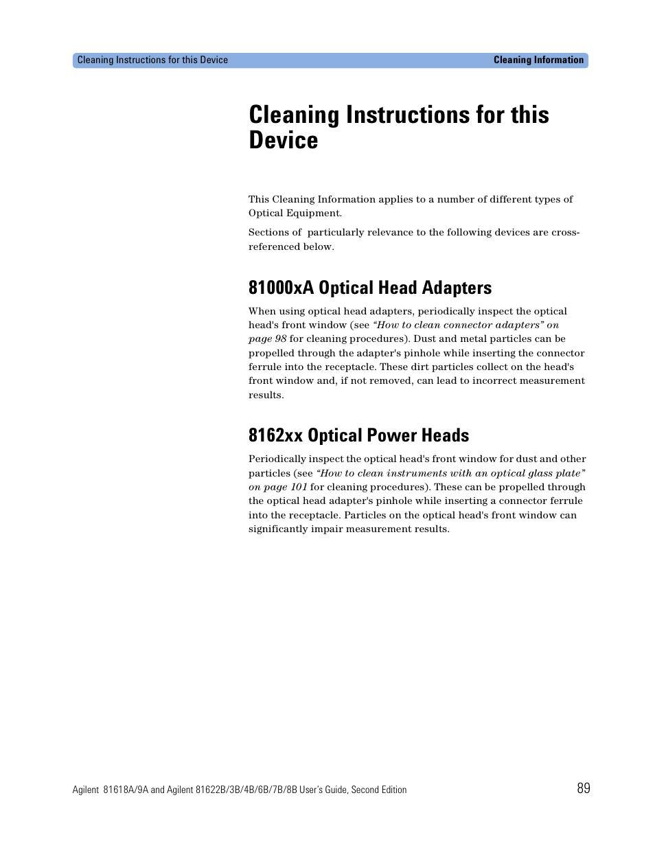 Cleaning instructions for this device, 81000xa optical head adapters, 8162xx optical power heads | Atec Agilent-81618A User Manual | Page 89 / 112
