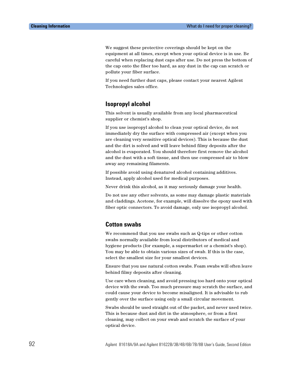 Isopropyl alcohol, Cotton swabs | Atec Agilent-81618A User Manual | Page 92 / 112