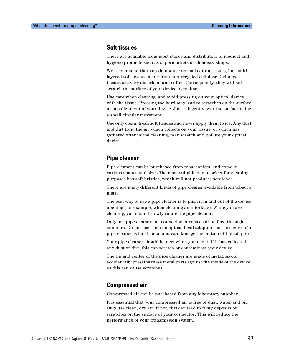 Soft tissues, Pipe cleaner, Compressed air | 93 soft tissues | Atec Agilent-81618A User Manual | Page 93 / 112