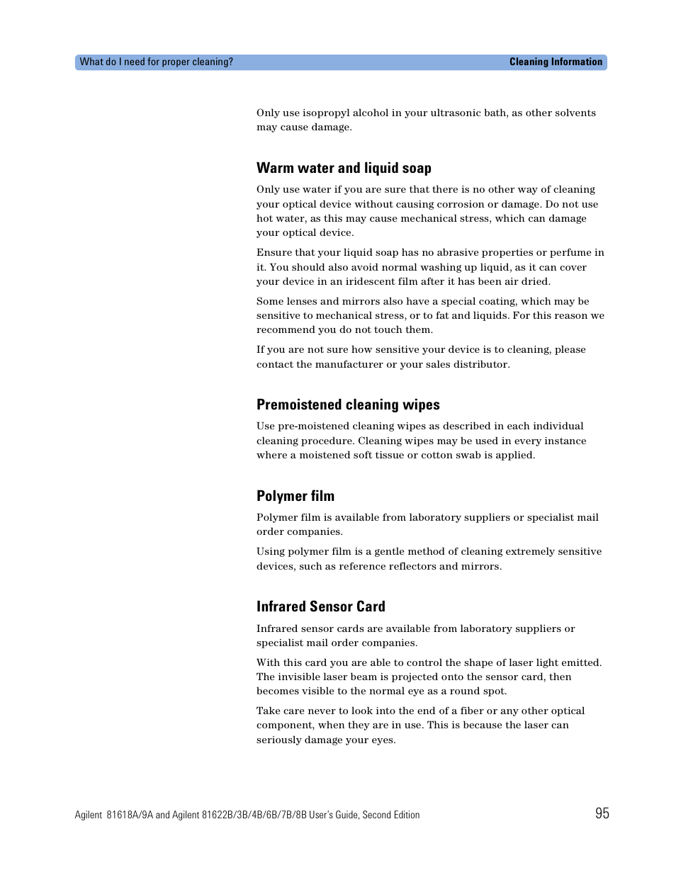 Warm water and liquid soap, Premoistened cleaning wipes, Polymer film | Infrared sensor card | Atec Agilent-81618A User Manual | Page 95 / 112