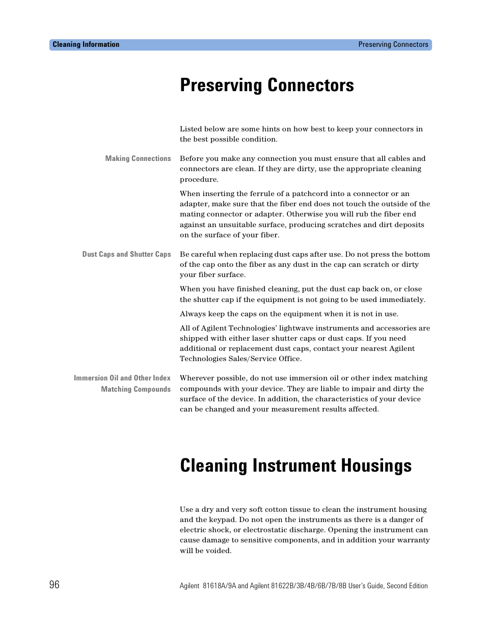 Preserving connectors, Cleaning instrument housings | Atec Agilent-81618A User Manual | Page 96 / 112