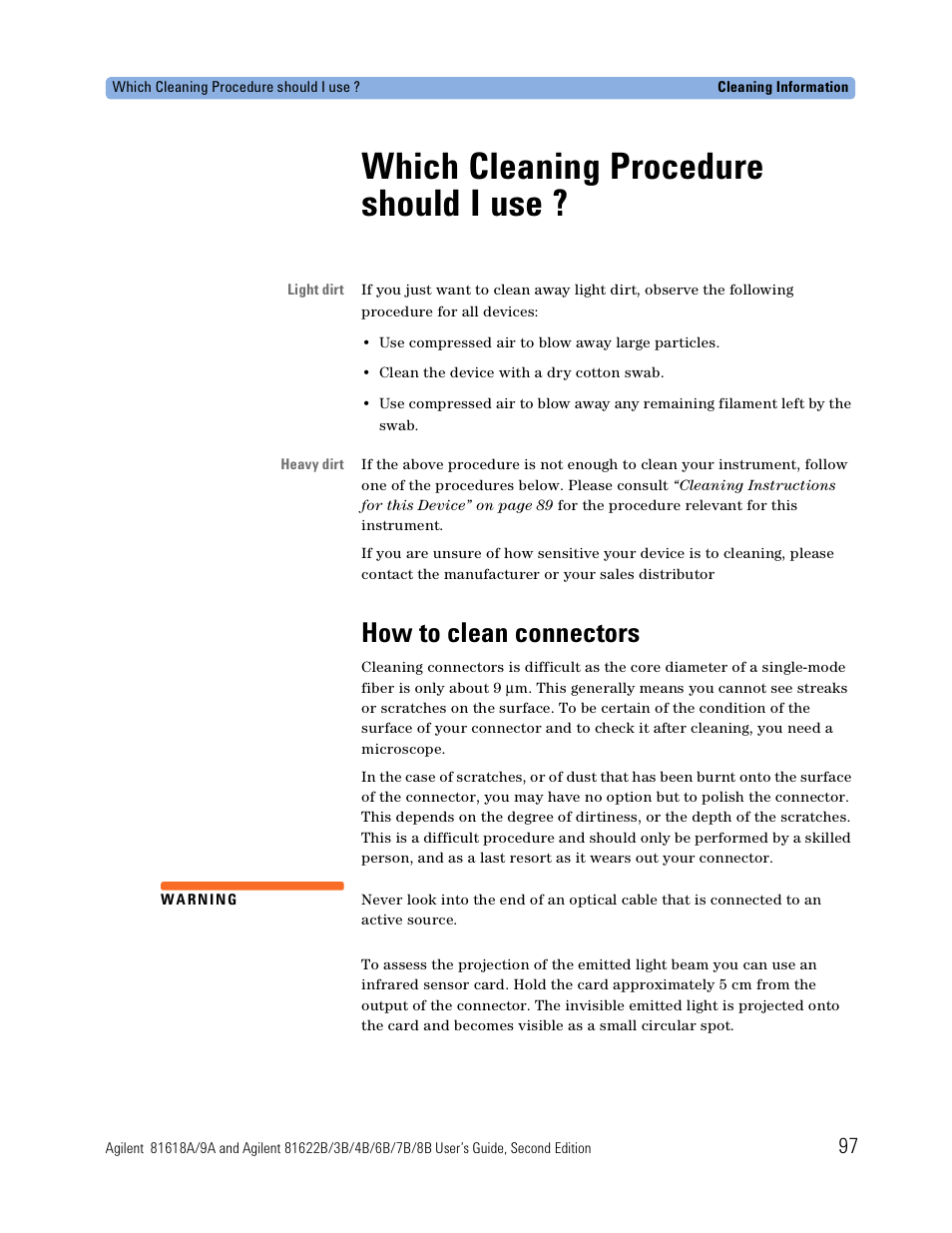 Which cleaning procedure should i use, How to clean connectors | Atec Agilent-81618A User Manual | Page 97 / 112
