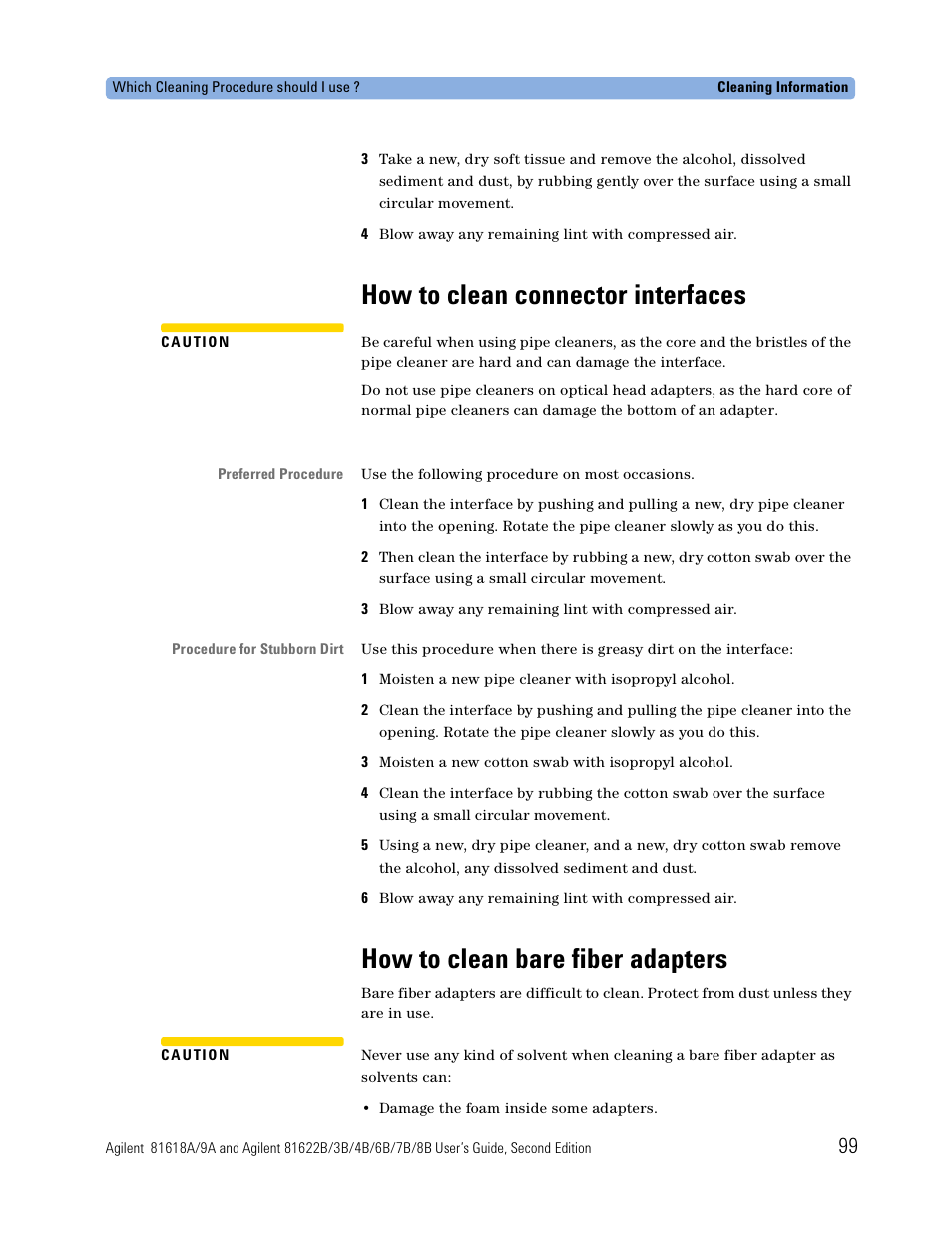 How to clean connector interfaces, How to clean bare fiber adapters | Atec Agilent-81618A User Manual | Page 99 / 112