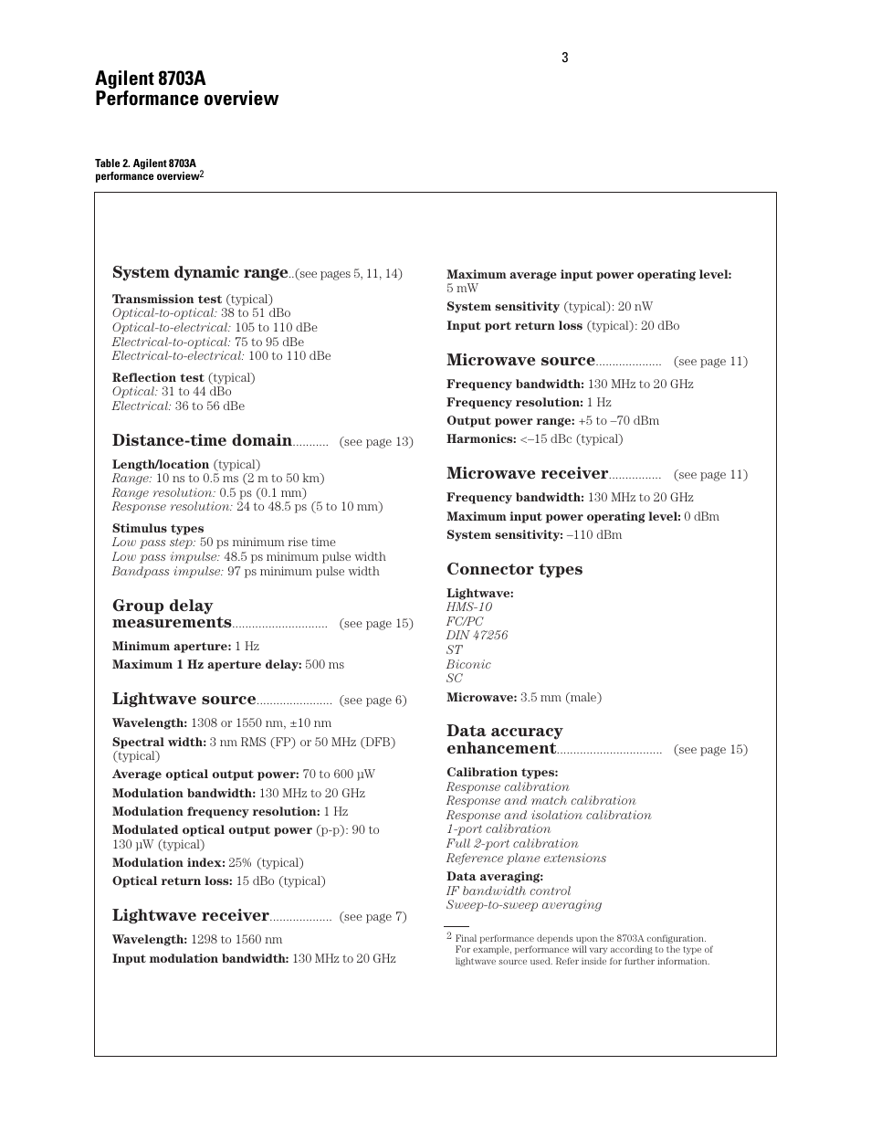 Agilent 8703a performance overview, System dynamic range, Distance-time domain | Group delay measurements, Lightwave source, Lightwave receiver, Microwave source, Microwave receiver, Connector types, Data accuracy enhancement | Atec Agilent-8703A User Manual | Page 3 / 16