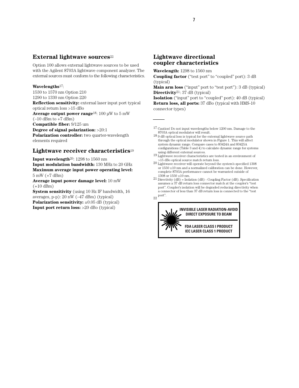 External lightwave sources, Lightwave receiver characteristics, Lightwave directional coupler characteristics | Atec Agilent-8703A User Manual | Page 7 / 16