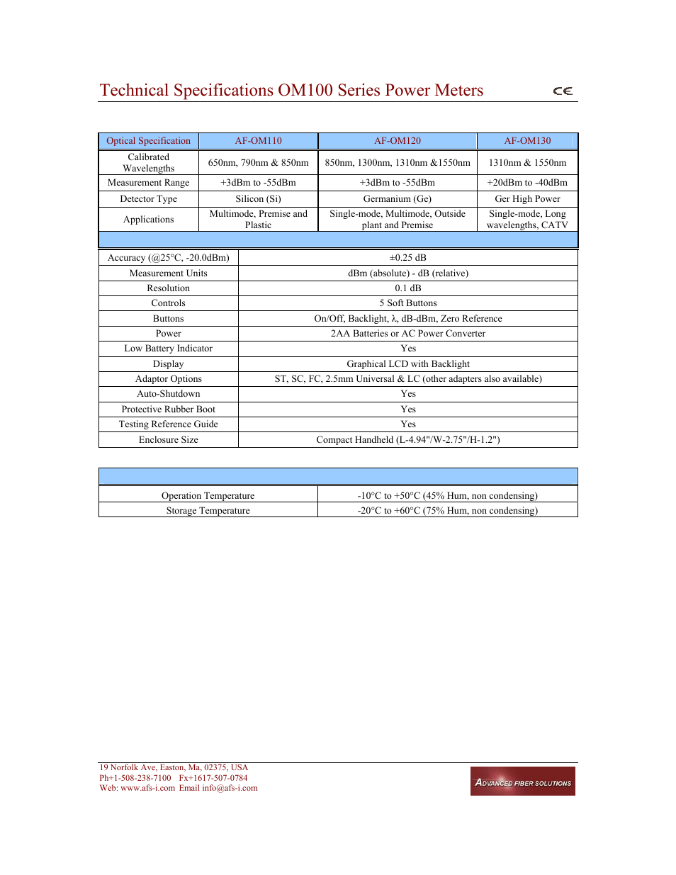 Technical specifications om100 series power meters | Atec Advanced-Fiber-Solutions-OLK51 Series User Manual | Page 3 / 5