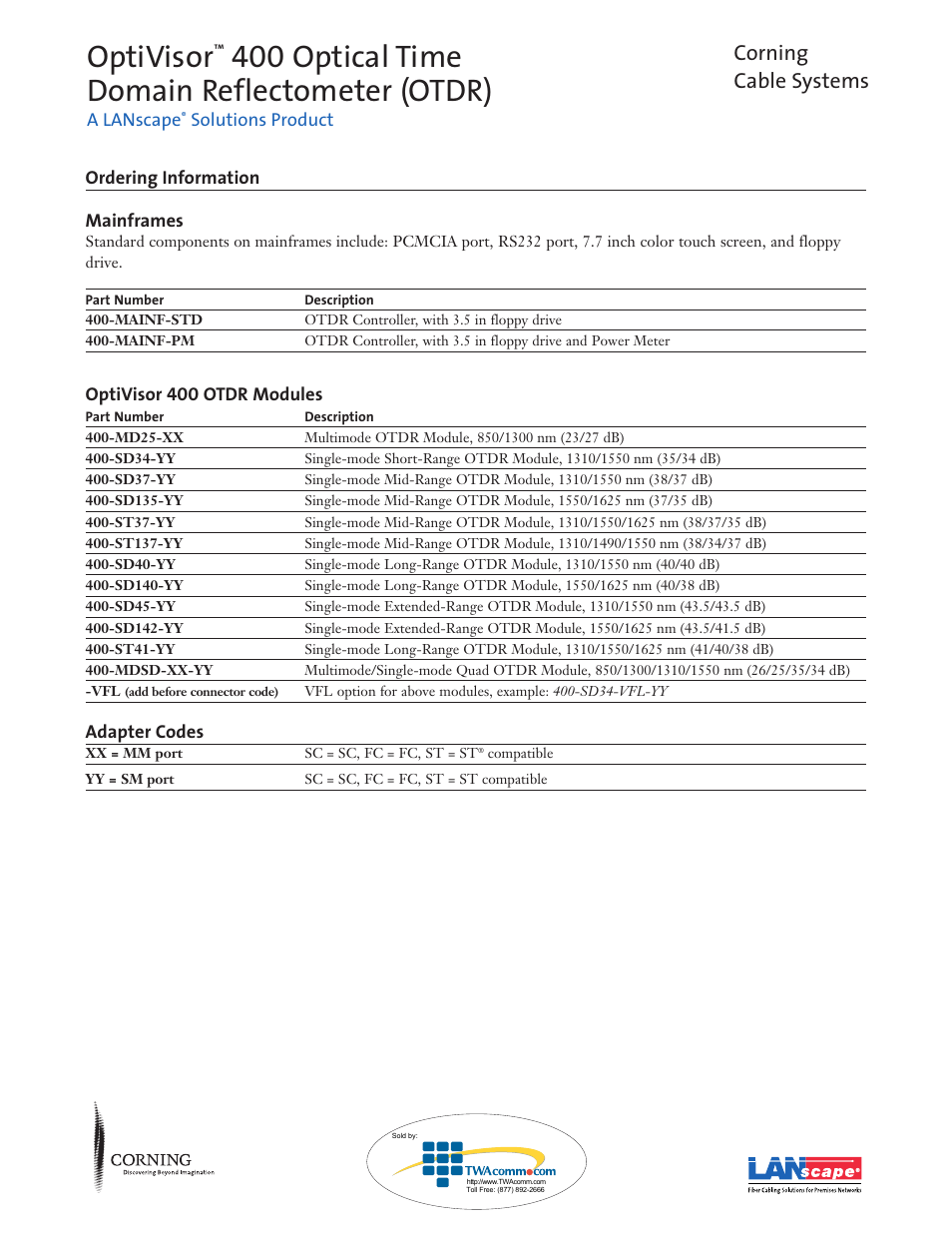 Optivisor, 400 optical time domain reflectometer (otdr), Corning cable systems | Atec Corning-Optivisor400 User Manual | Page 5 / 6