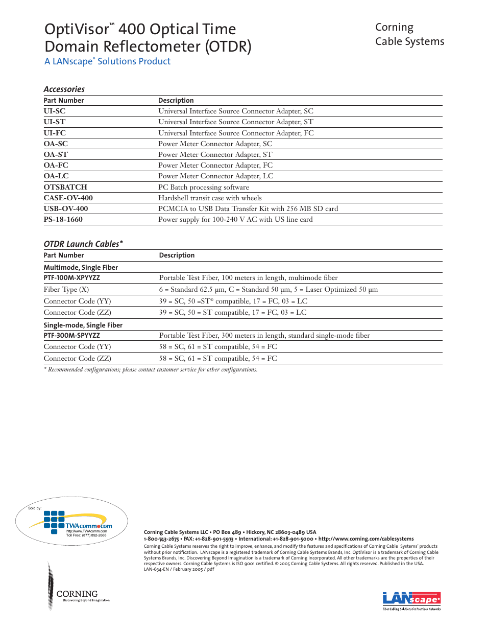 Optivisor, 400 optical time domain reflectometer (otdr), Corning cable systems | Atec Corning-Optivisor400 User Manual | Page 6 / 6