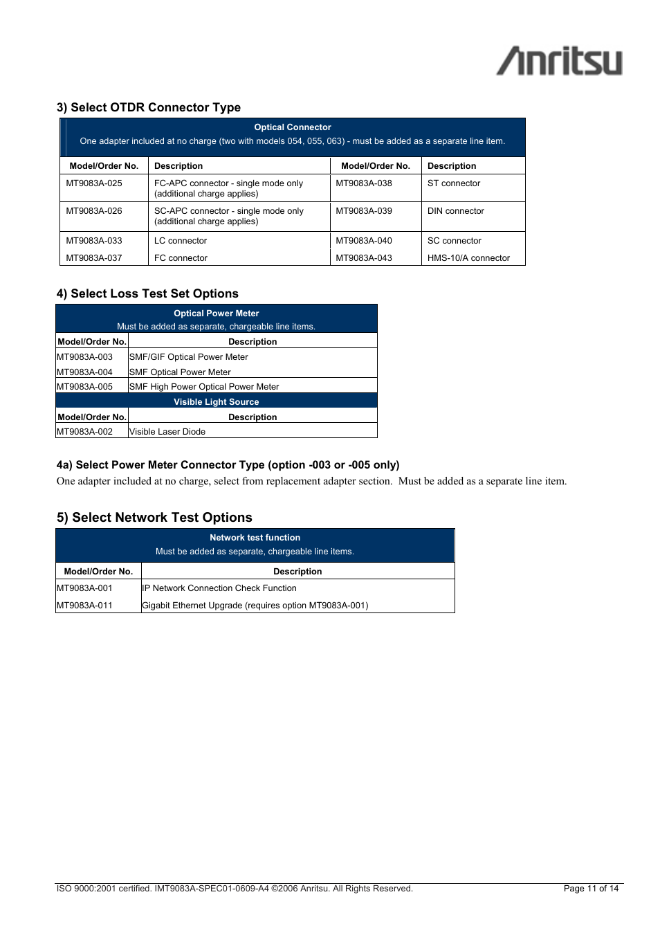 5) select network test options, 3) select otdr connector type, 4) select loss test set options | Atec Anritsu-MT9083A User Manual | Page 11 / 14