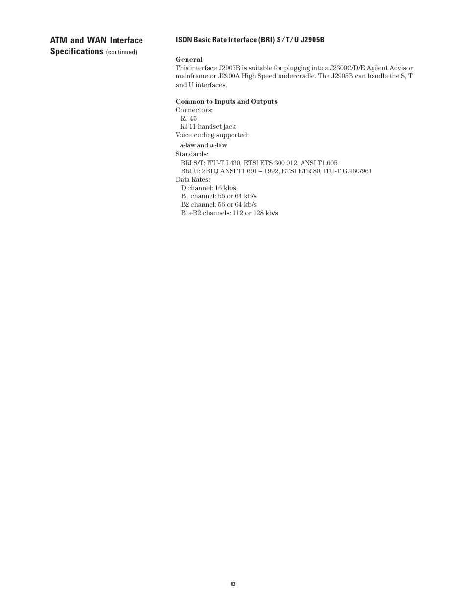 Atm and wan interface specifications | Atec Agilent-J2300E User Manual | Page 63 / 92