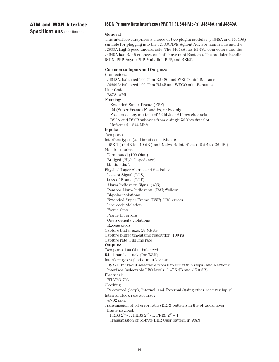 Atm and wan interface specifications | Atec Agilent-J2300E User Manual | Page 64 / 92