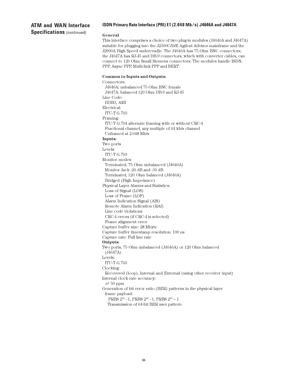 Atm and wan interface specifications | Atec Agilent-J2300E User Manual | Page 65 / 92